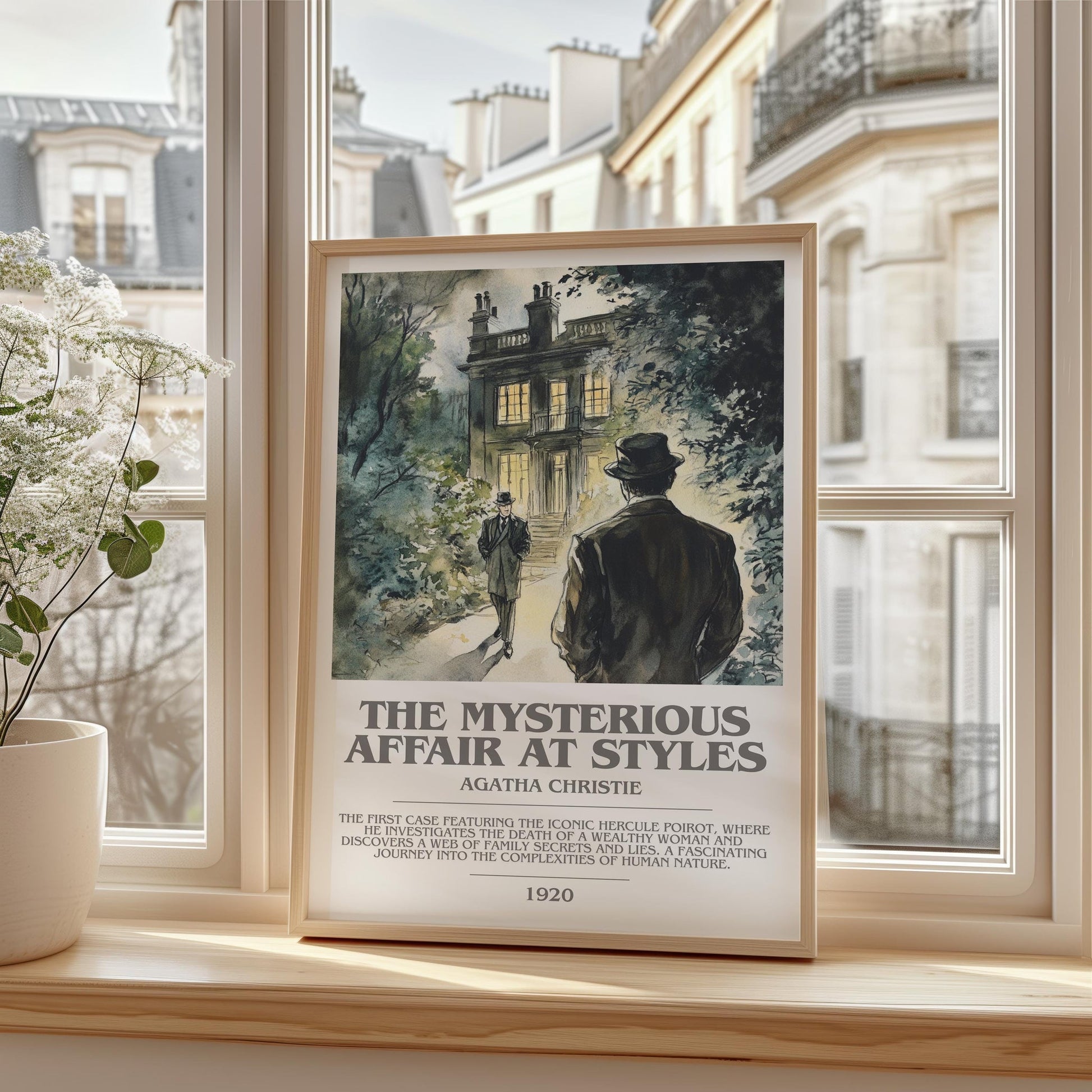 The Mysterious Affair At Styles bookish print framed by window – literary home decor