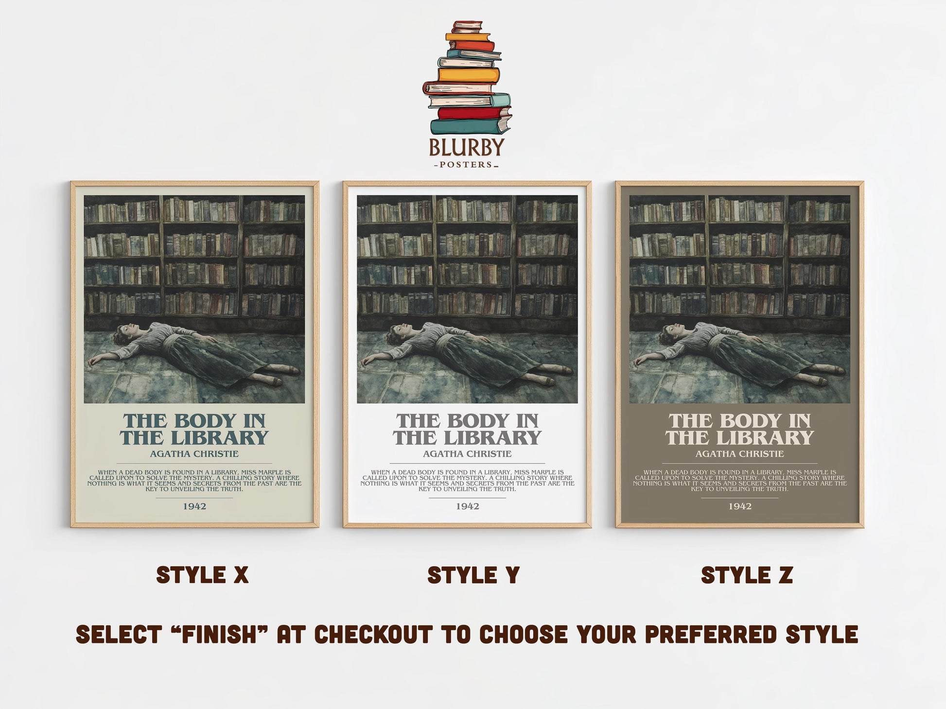 The Body in the Library bookish poster colour and style options – Agatha Christie book art