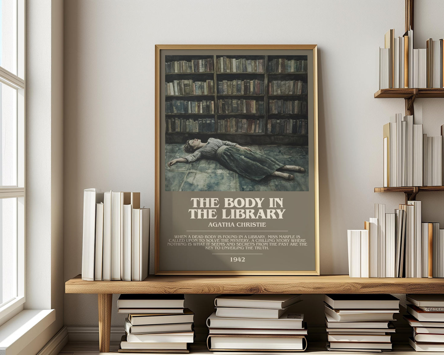 The Body in the Library bookish print on bookshelf – Agatha Christie fan gift