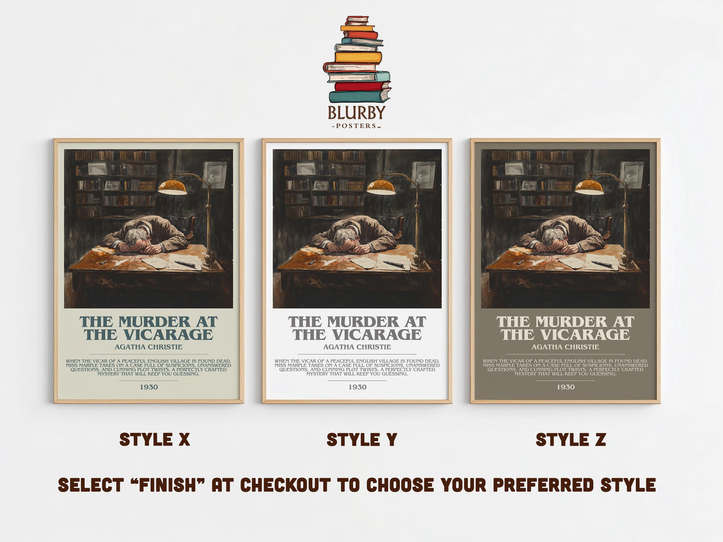 The Murder at the Vicarage bookish poster colour and style options – Agatha Christie book art