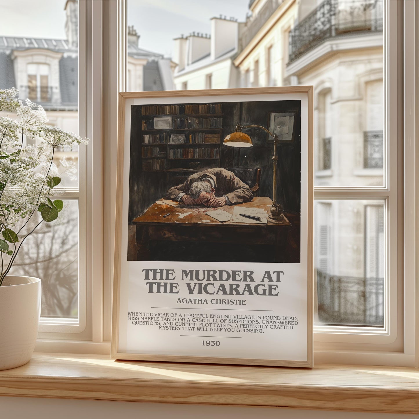 The Murder at the Vicarage bookish print framed by window – literary home decor