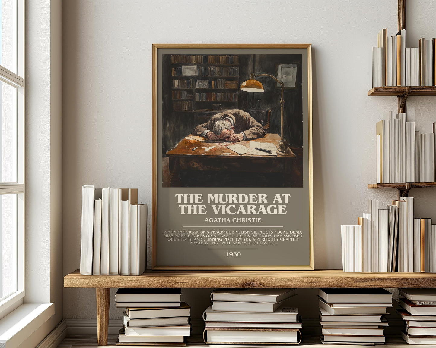The Murder at the Vicarage bookish print on bookshelf – Agatha Christie fan gift