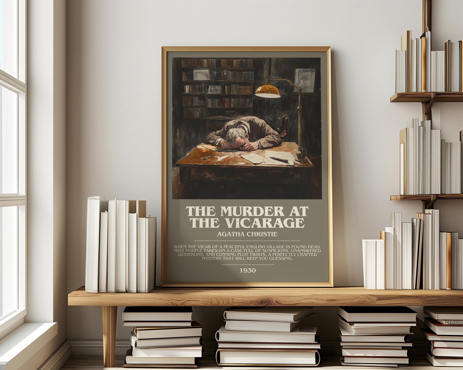 The Murder at the Vicarage bookish print on bookshelf – Agatha Christie fan gift