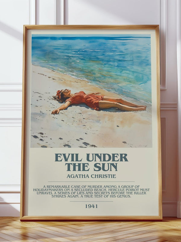 Evil Under the Sun bookish print in frame leaning in hallway – mystery wall art