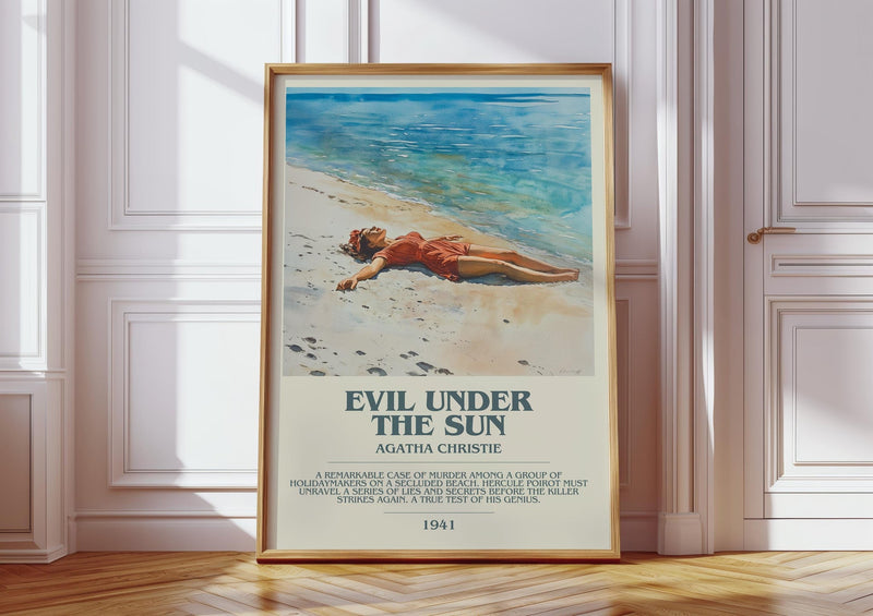 Evil Under the Sun bookish print in frame leaning in hallway – mystery wall art
