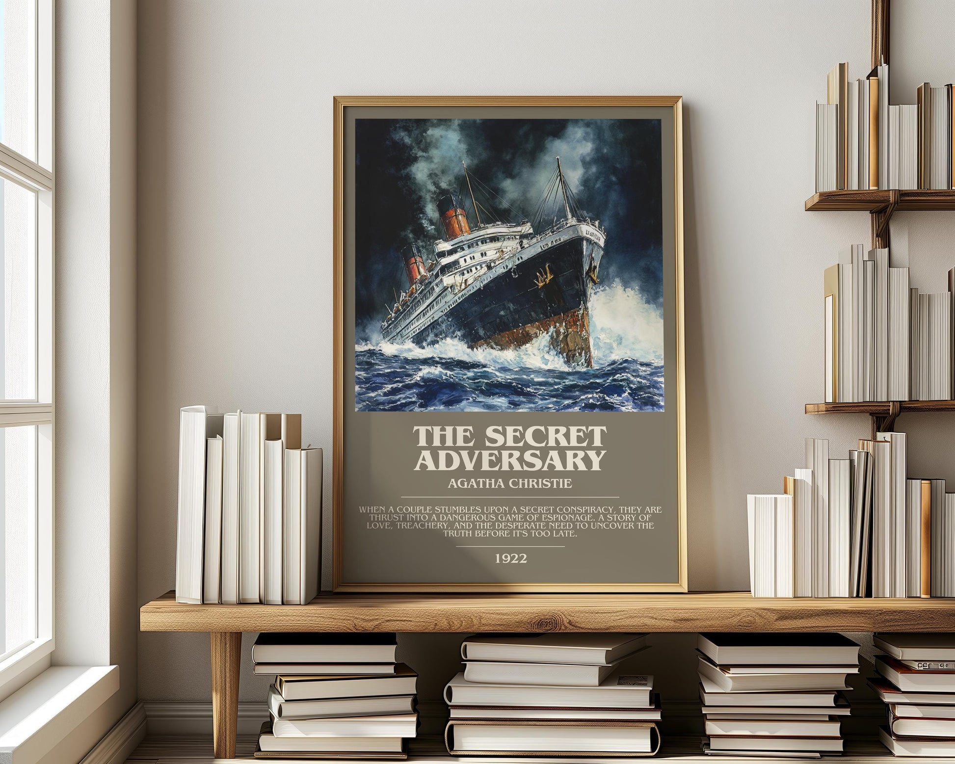The Secret Adversary bookish print on bookshelf – Agatha Christie fan gift