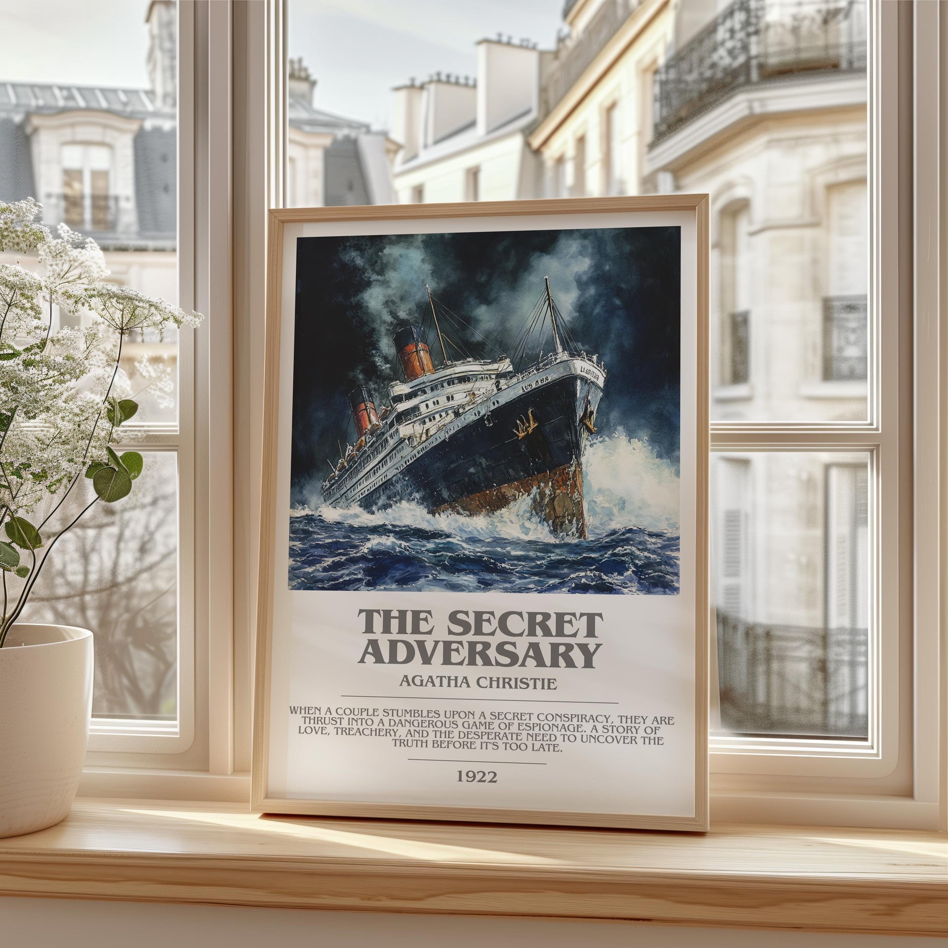 The Secret Adversary bookish print framed by window – literary home decor