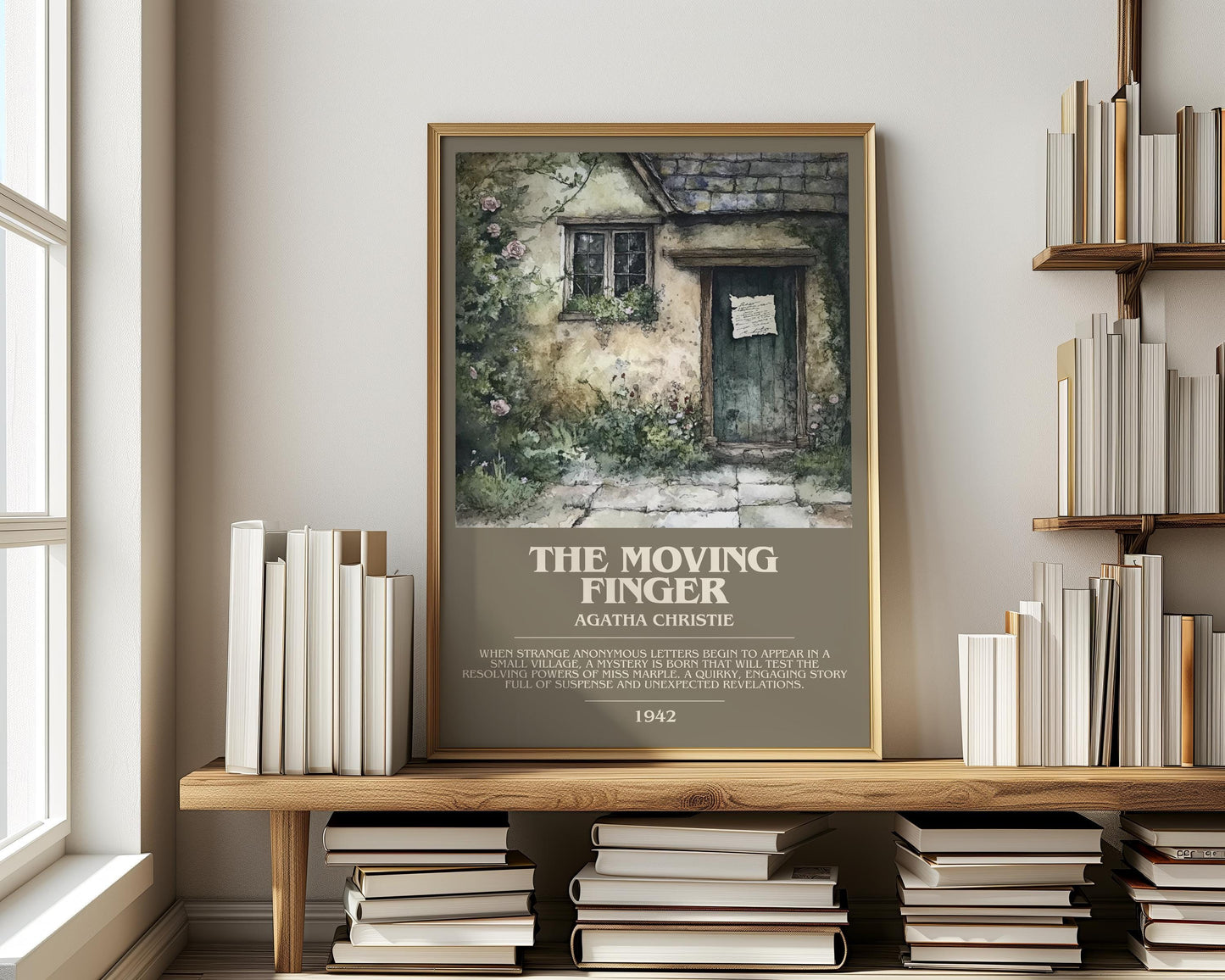 The Moving Finger bookish print on bookshelf – Agatha Christie fan gift