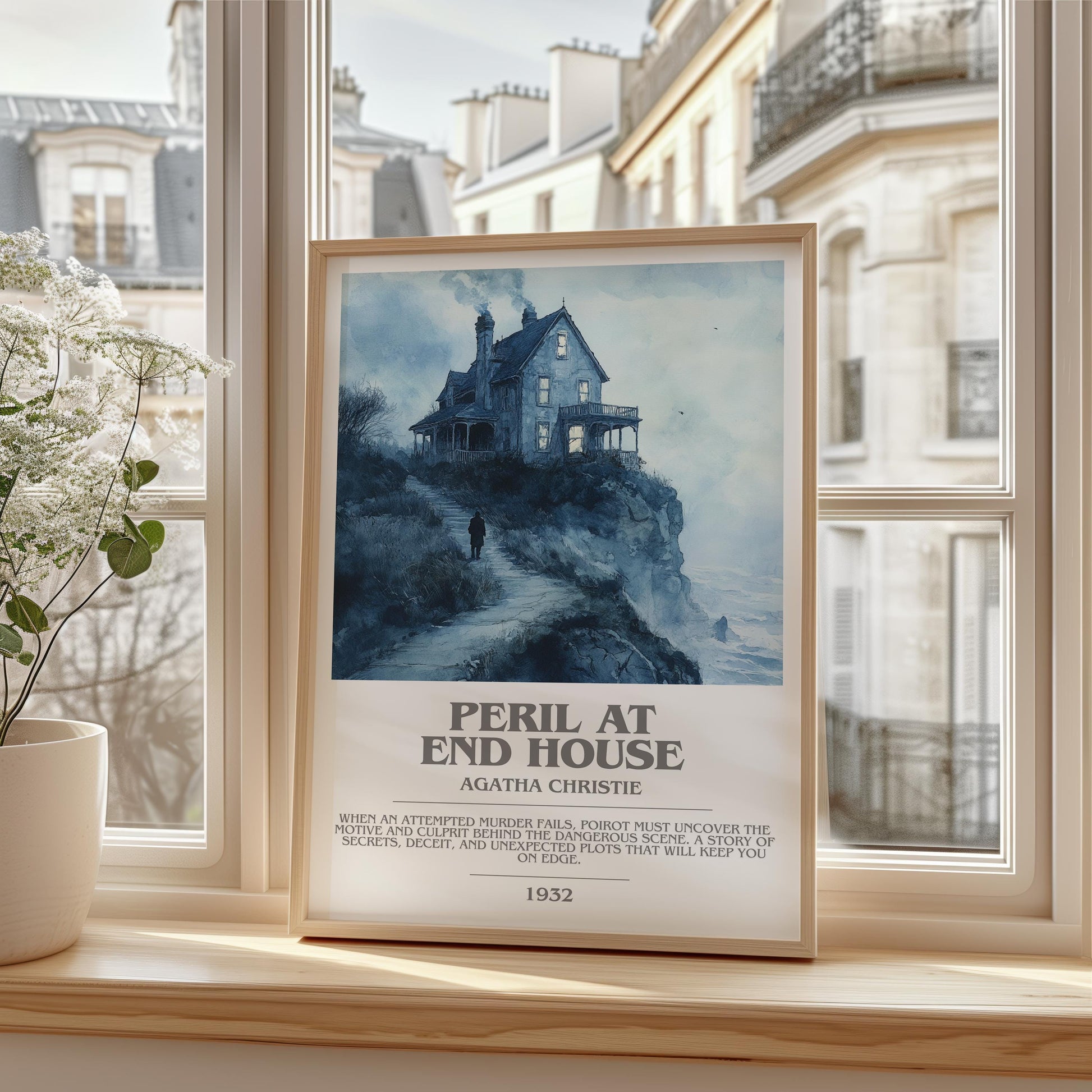 Peril at End House bookish print framed by window – literary home decor