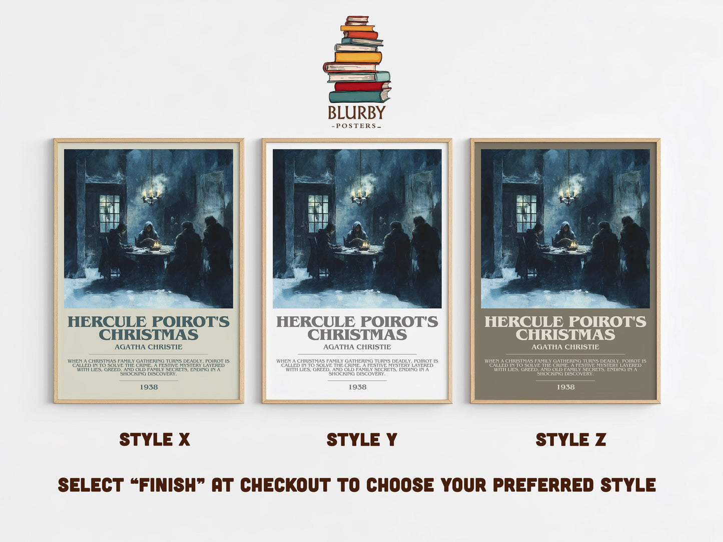 Hercule Poirot's Christmas bookish poster colour and style options – Agatha Christie book art