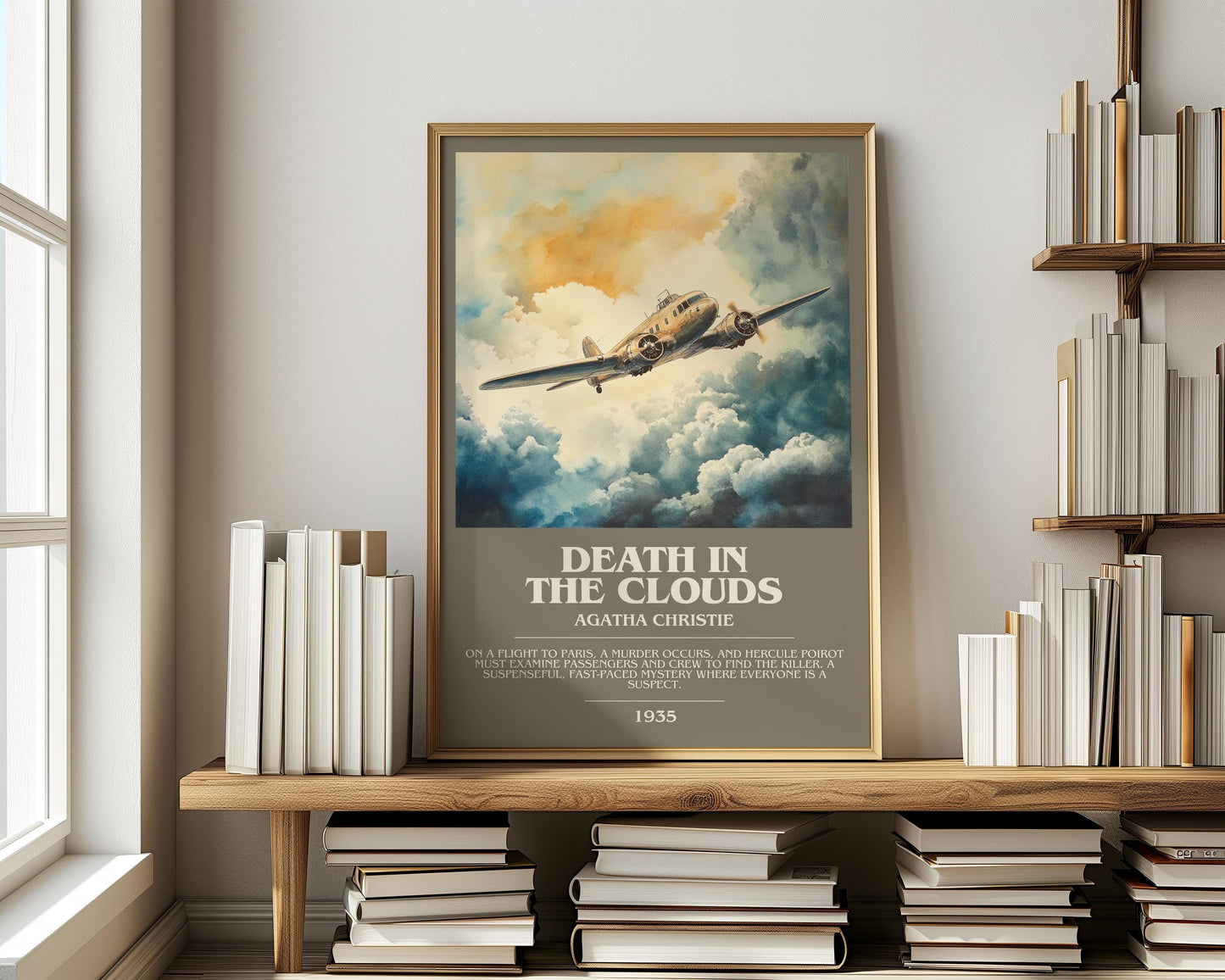 Death in the Clouds bookish print on bookshelf – Agatha Christie fan gift
