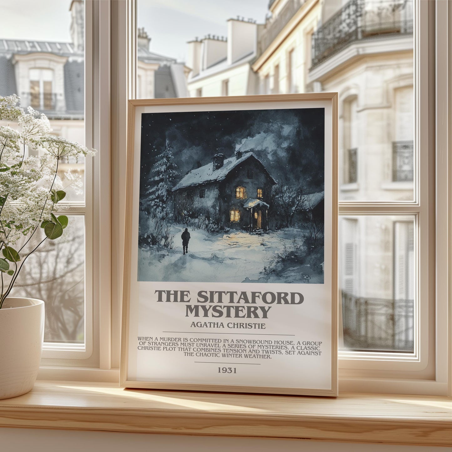 The Sittaford Mystery bookish print framed by window – literary home decor
