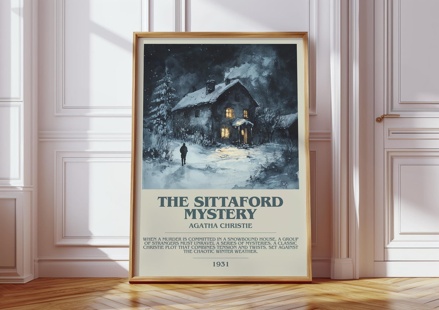 The Sittaford Mystery bookish print in frame leaning in hallway – mystery wall art