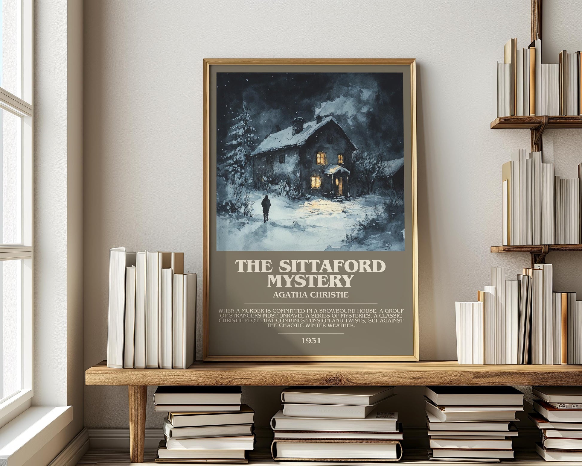 The Sittaford Mystery bookish print on bookshelf – Agatha Christie fan gift