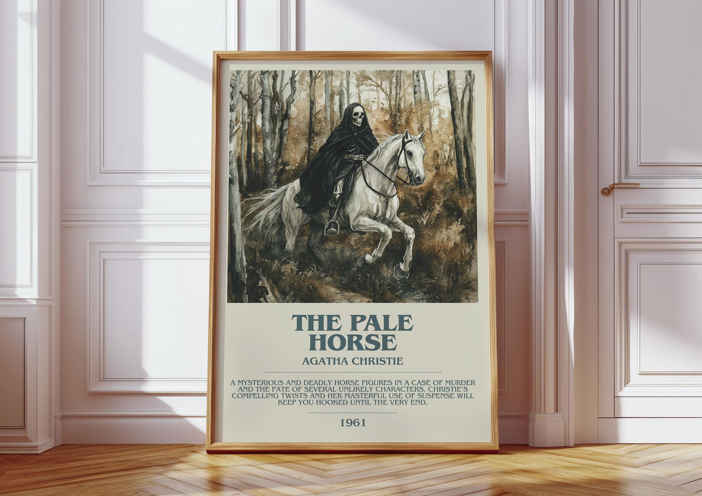 The Pale Horse bookish print in frame leaning in hallway – mystery wall art