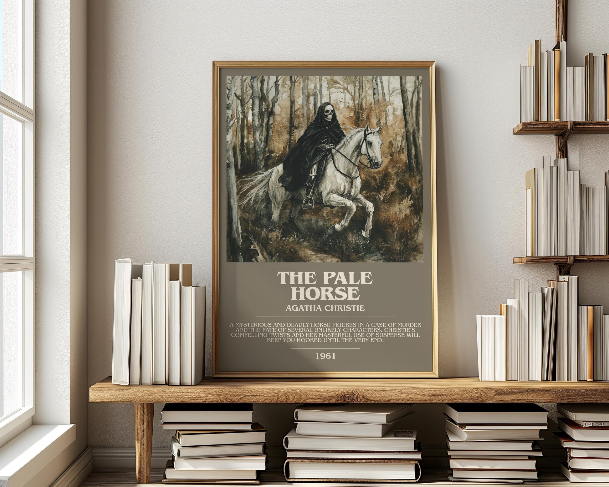 The Pale Horse bookish print on bookshelf – Agatha Christie fan gift
