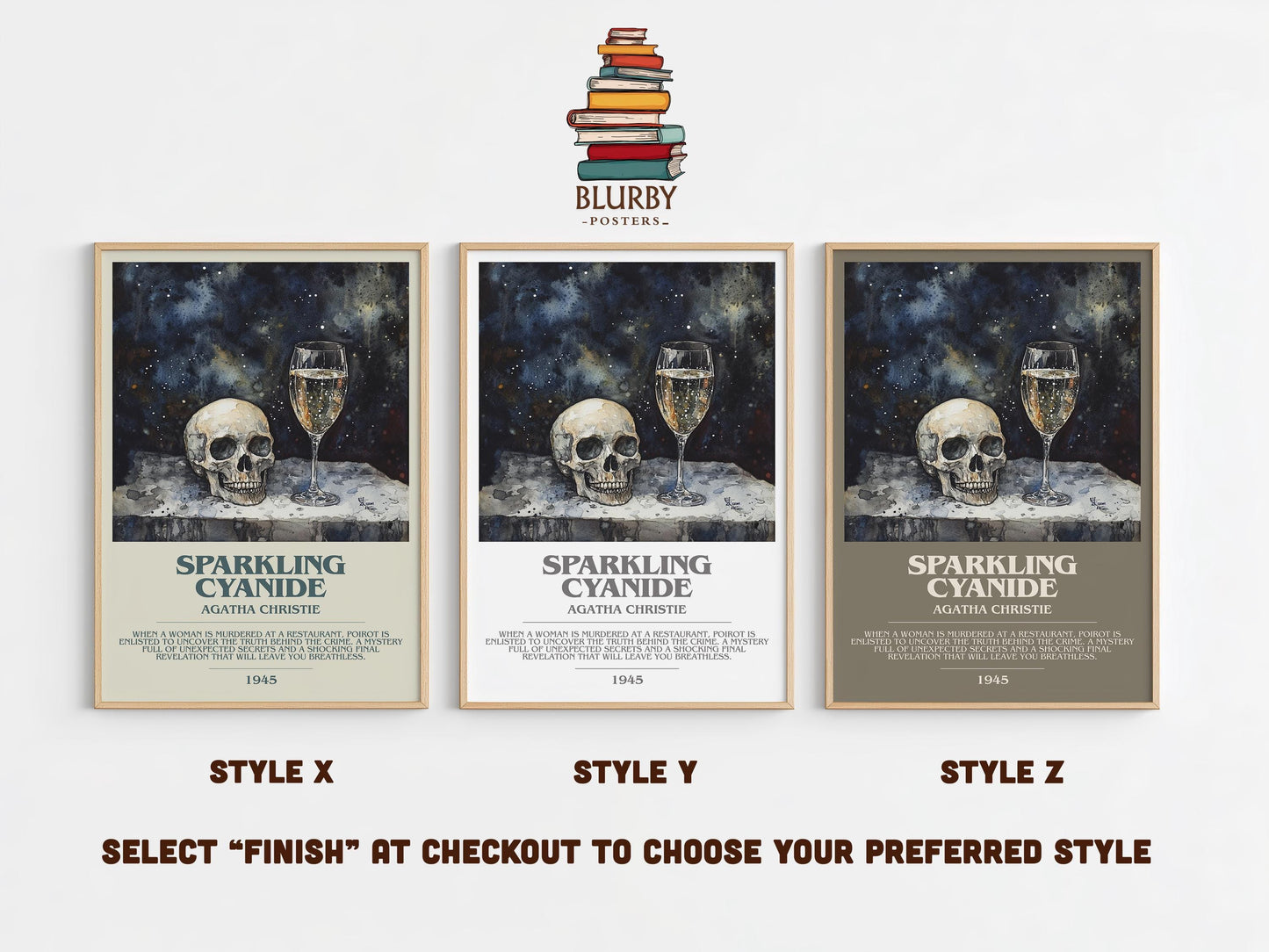 Sparkling Cyanide bookish poster colour and style options – Agatha Christie book art