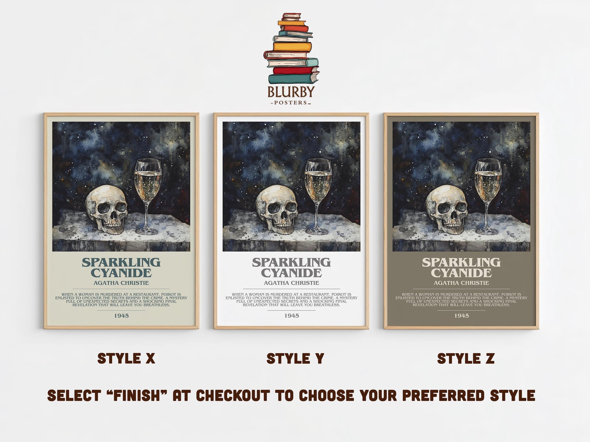 Sparkling Cyanide bookish poster colour and style options – Agatha Christie book art