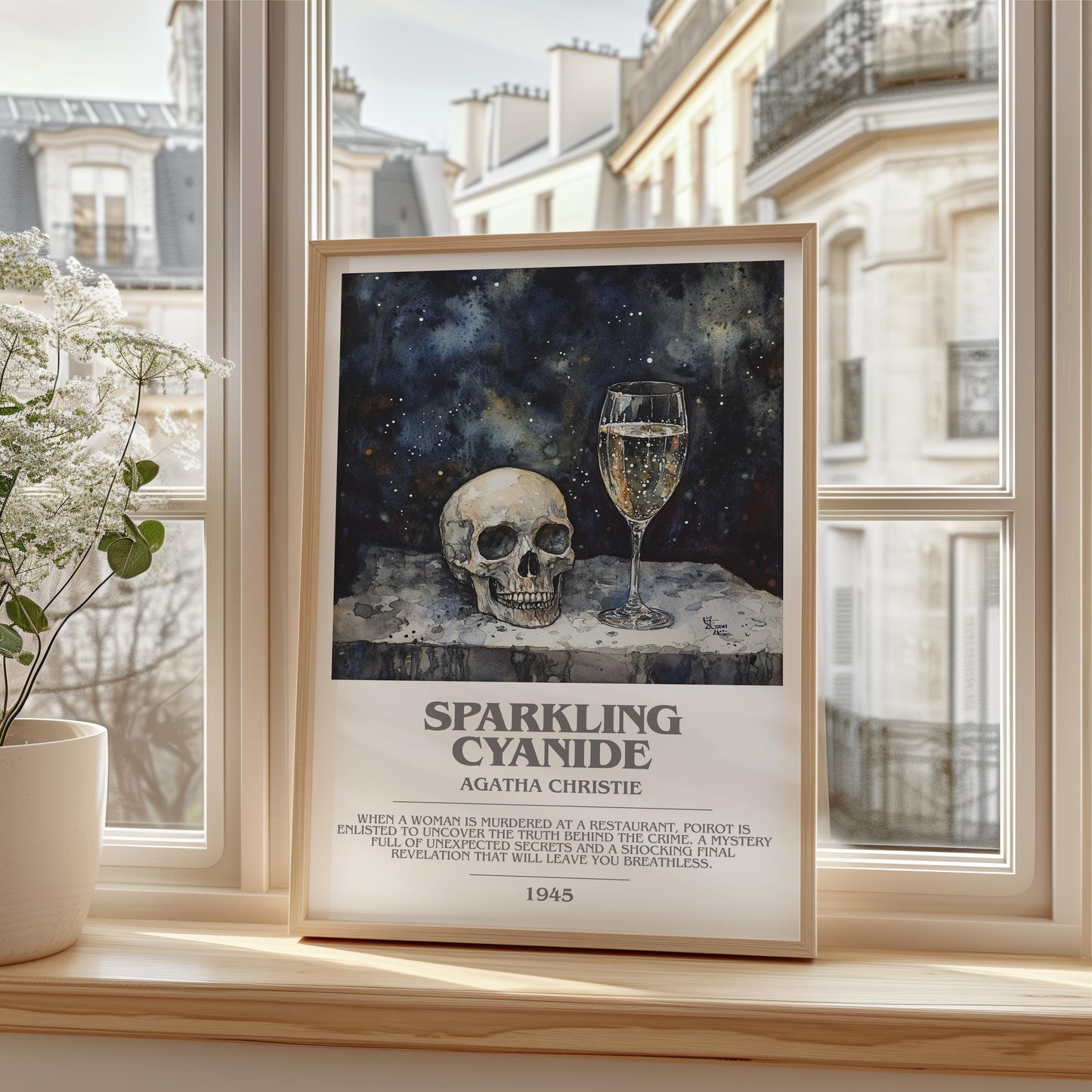 Sparkling Cyanide bookish print framed by window – literary home decor