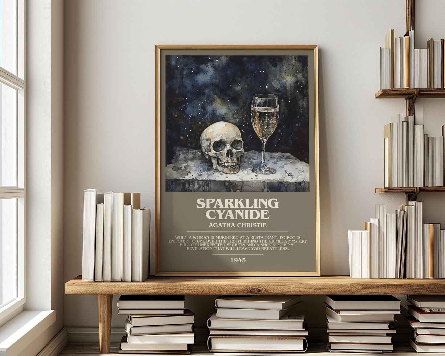 Sparkling Cyanide bookish print on bookshelf – Agatha Christie fan gift