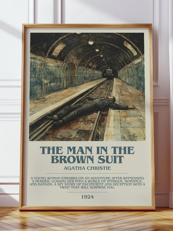 The Man in the Brown Suit bookish print in frame leaning in hallway – mystery wall art