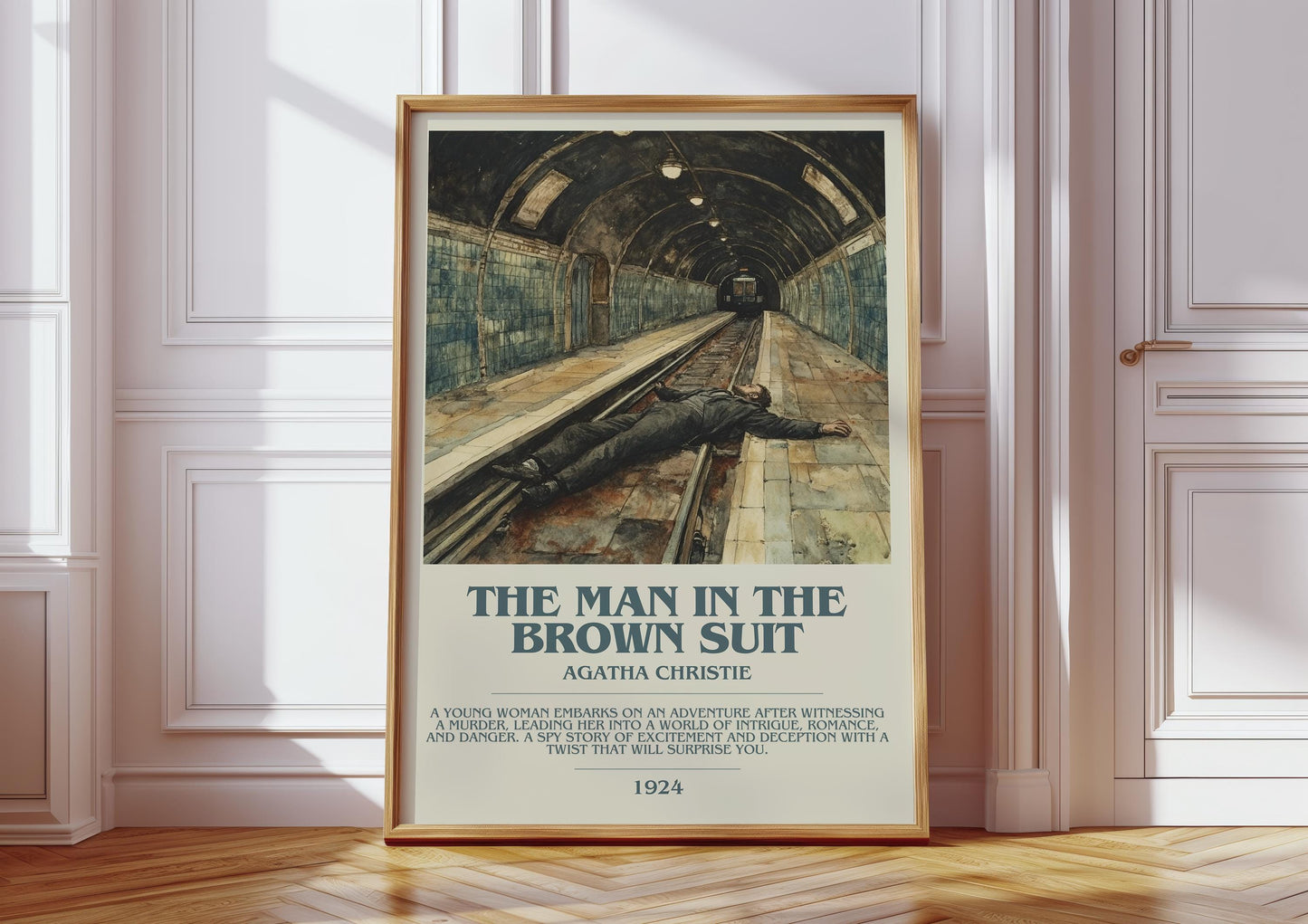 The Man in the Brown Suit bookish print in frame leaning in hallway – mystery wall art