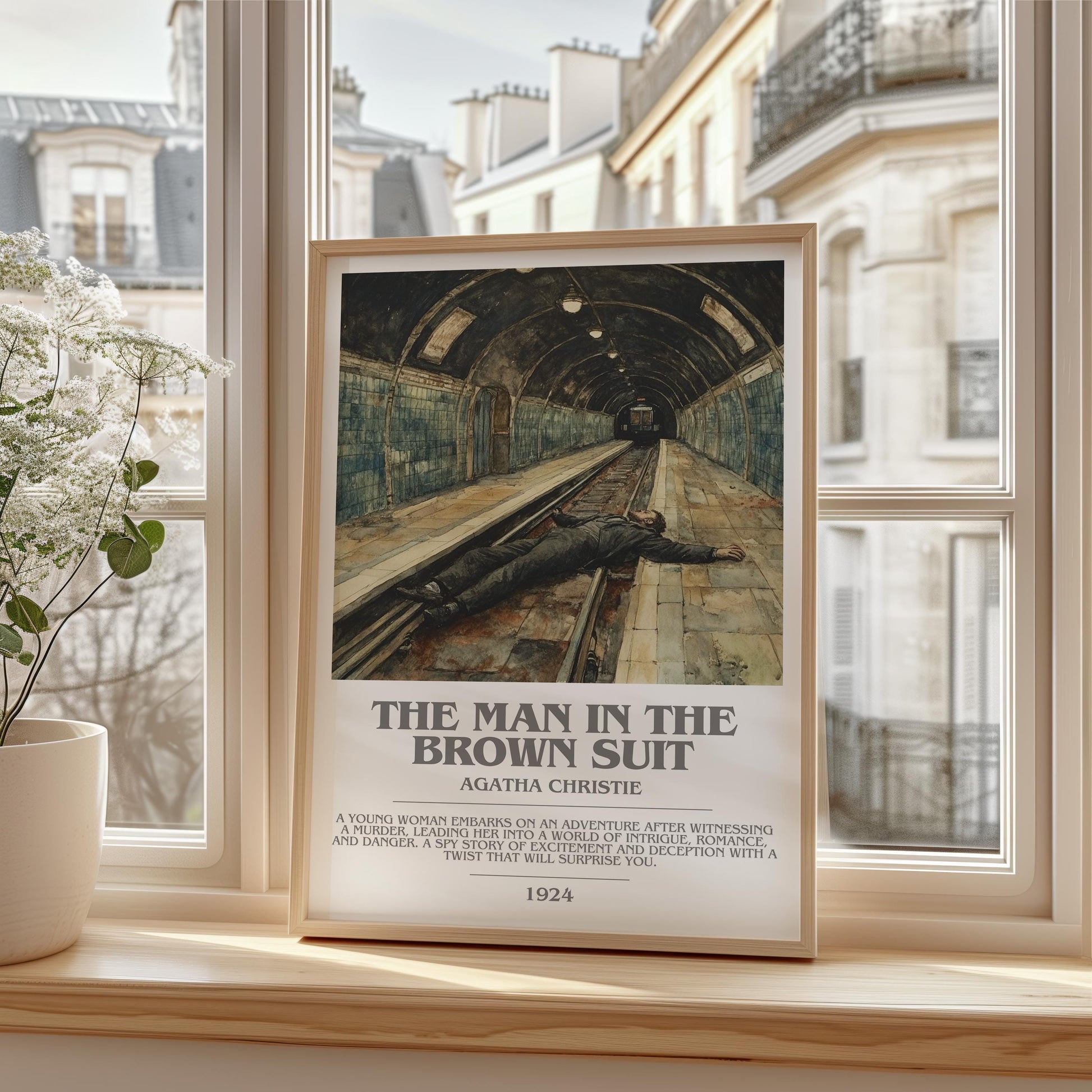 The Man in the Brown Suit bookish print framed by window – literary home decor