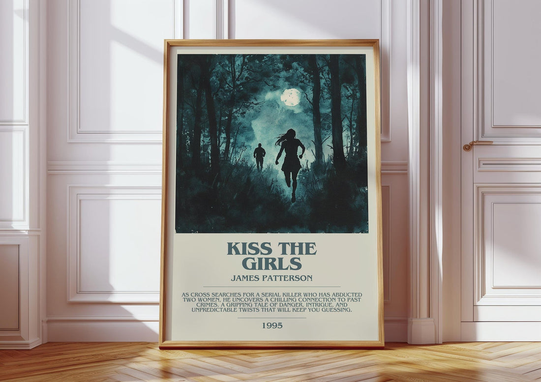 Kiss the Girls bookish print in frame leaning in hallway – thriller wall art (mockup)