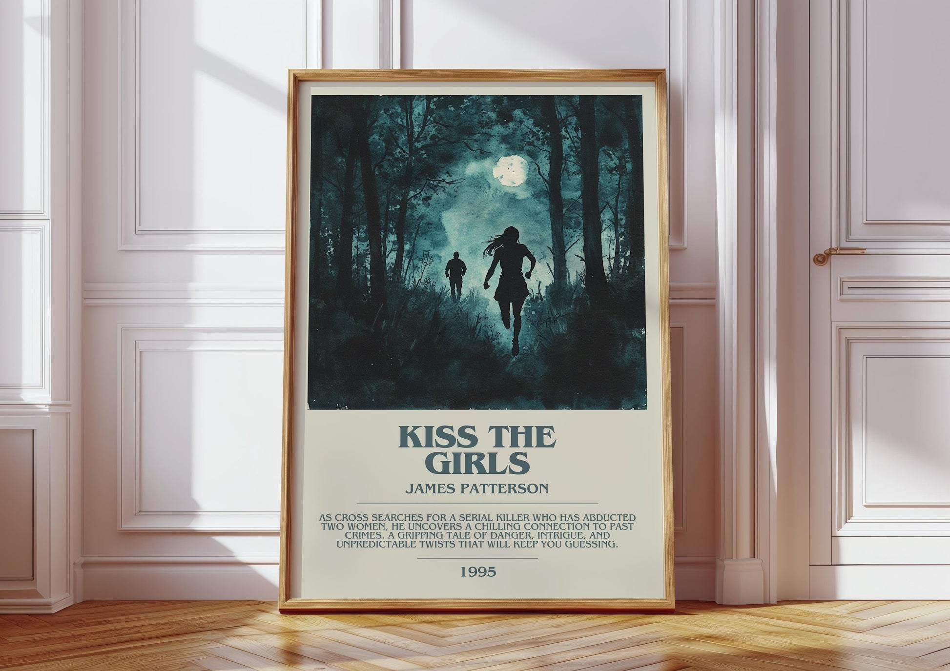 Kiss the Girls bookish print in frame leaning in hallway – thriller wall art