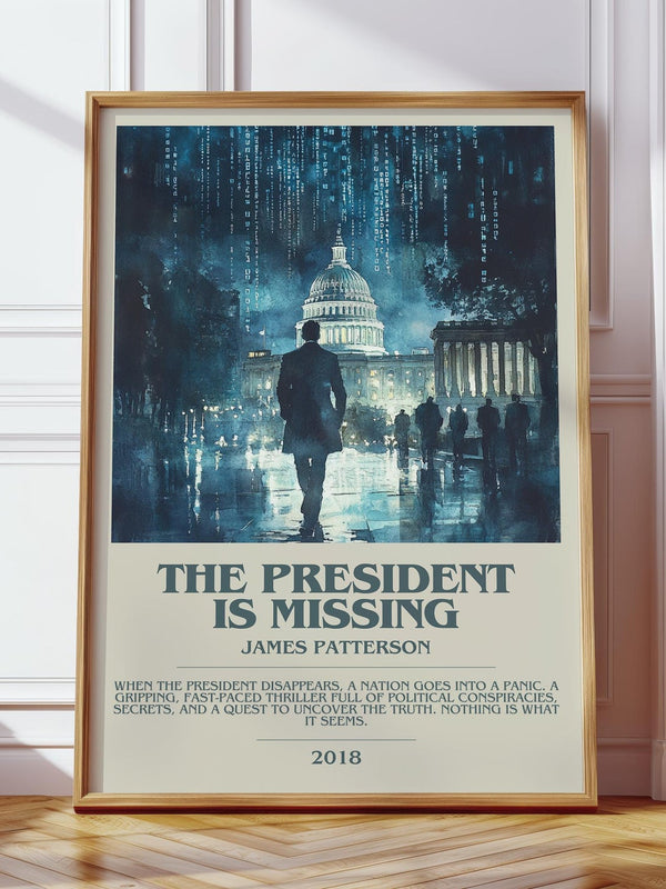 The President Is Missing bookish print in frame leaning in hallway – thriller wall art