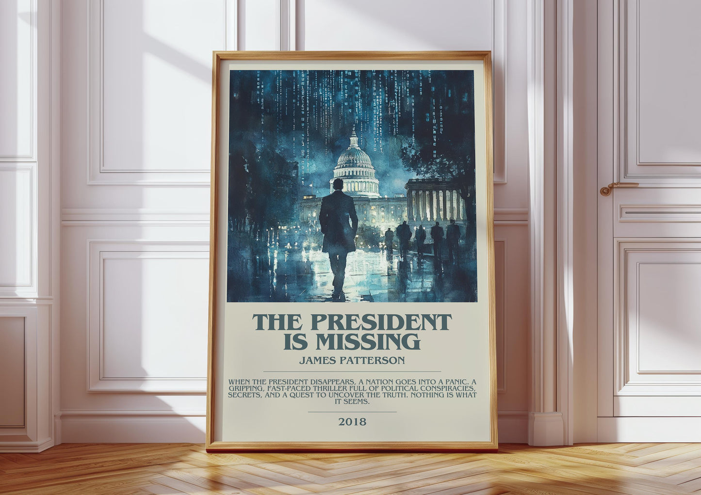 The President Is Missing bookish print in frame leaning in hallway – thriller wall art