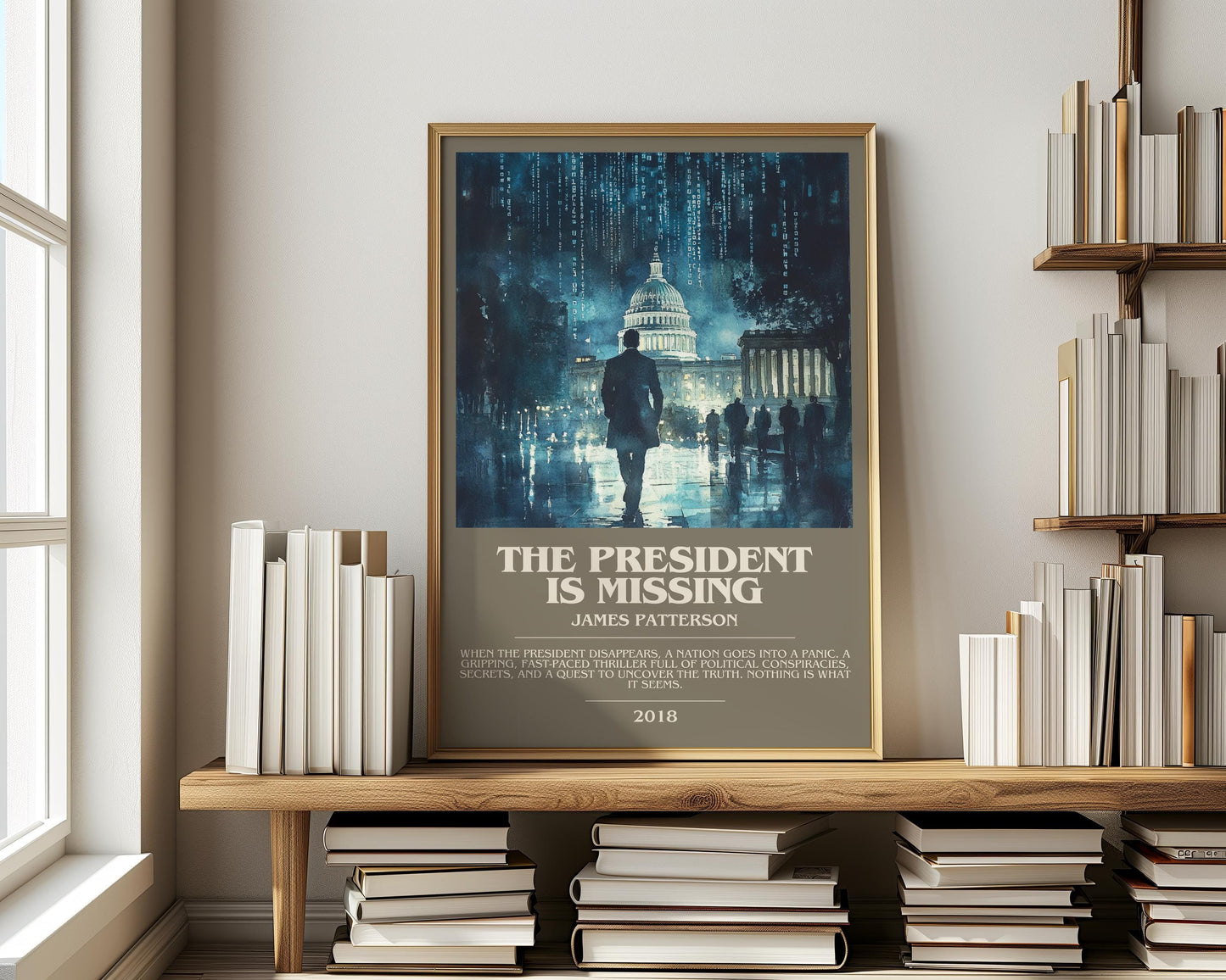 The President Is Missing bookish print on bookshelf – James Patterson fan gift