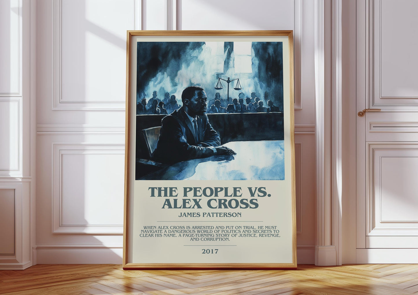 The People Vs. Alex Cross bookish print in frame leaning in hallway – thriller wall art