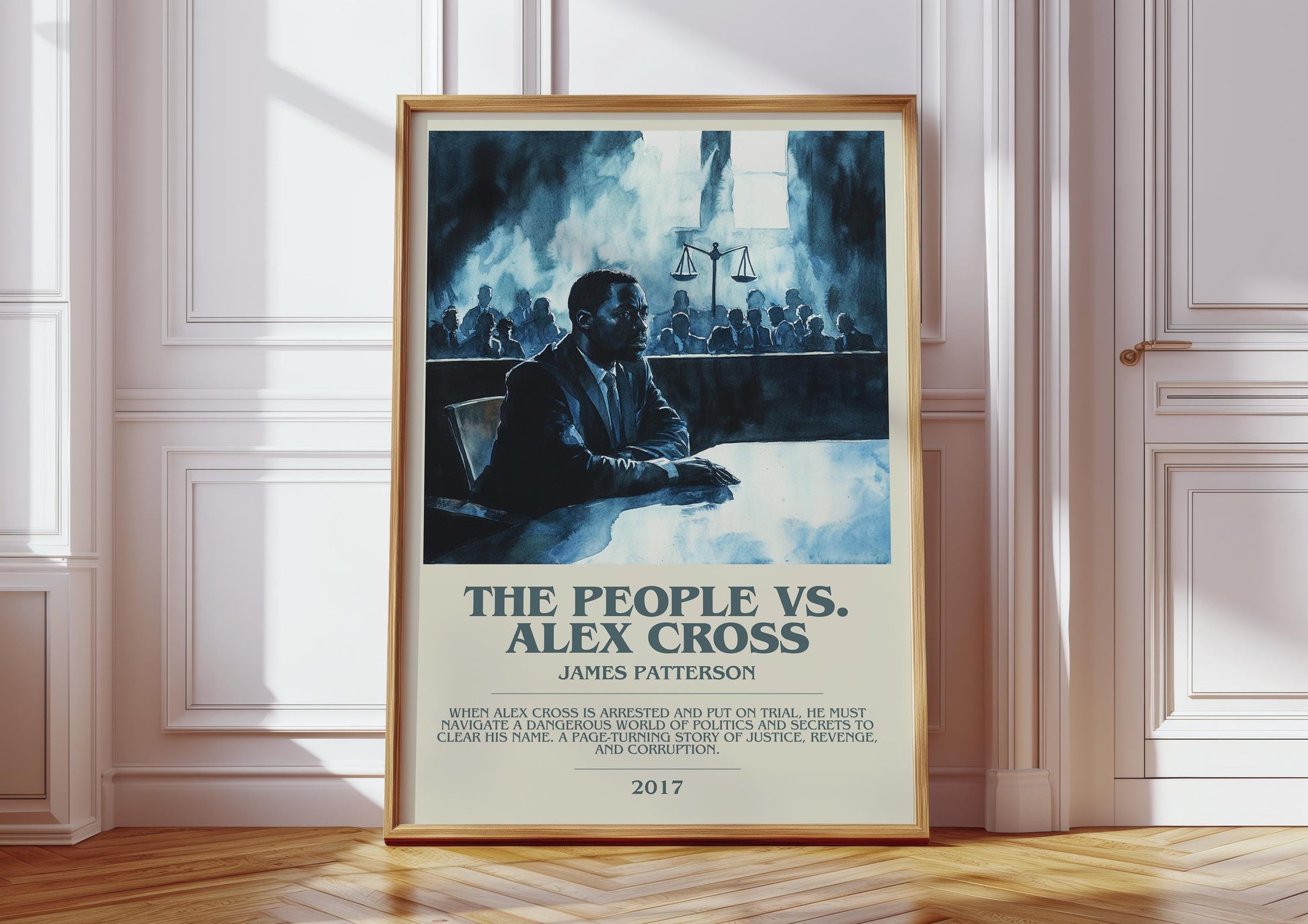 The People Vs. Alex Cross bookish print in frame leaning in hallway – thriller wall art