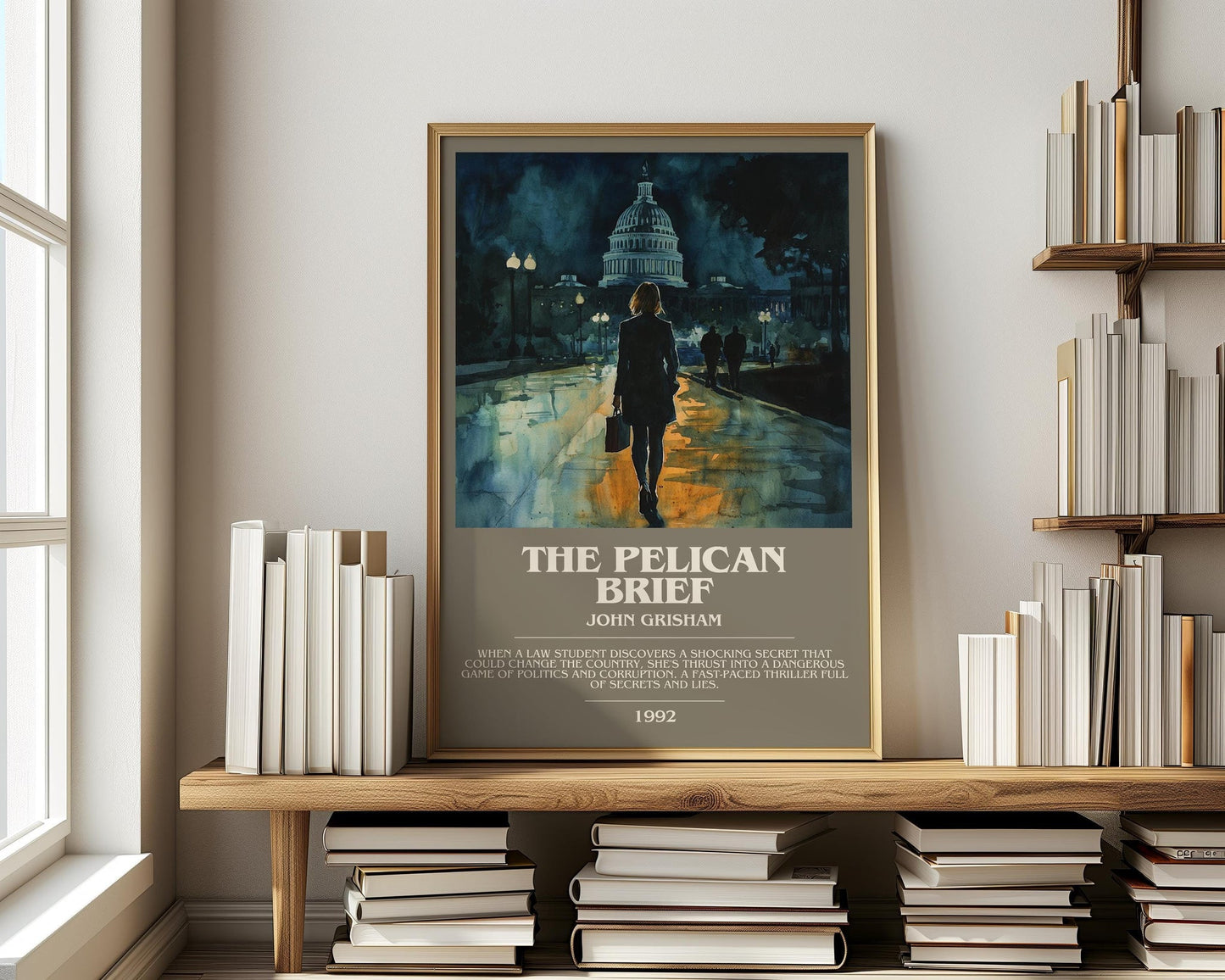 The Pelican Brief bookish print on bookshelf – John Grisham fan gift