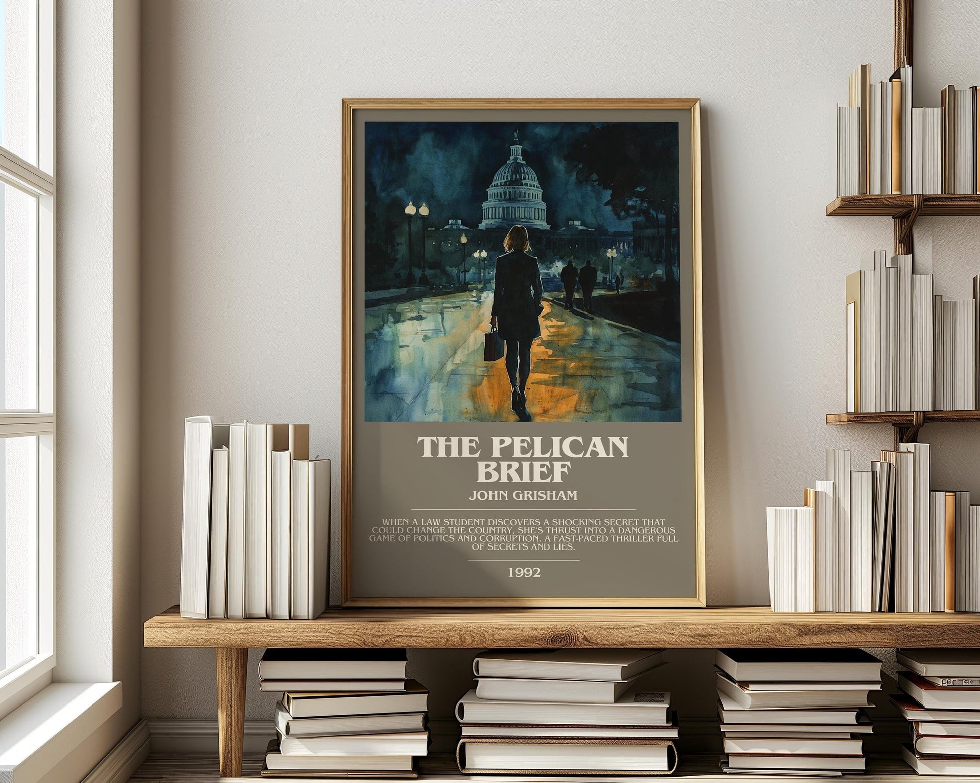 The Pelican Brief bookish print on bookshelf – John Grisham fan gift