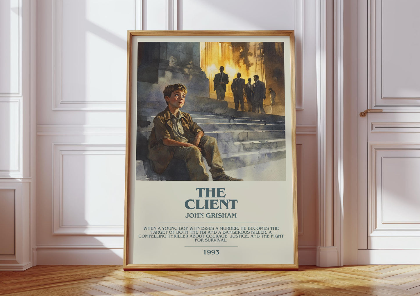 The Client bookish print in frame leaning in hallway – thriller wall art
