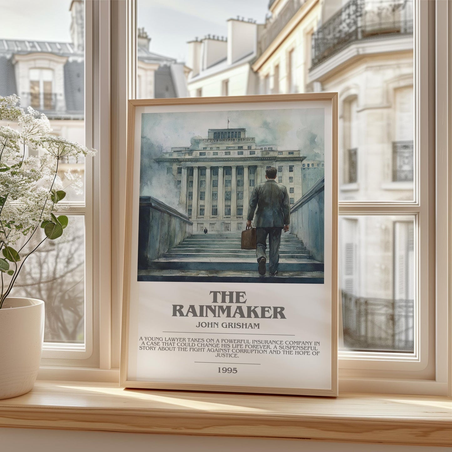 The Rainmaker bookish print framed by window – literary home decor