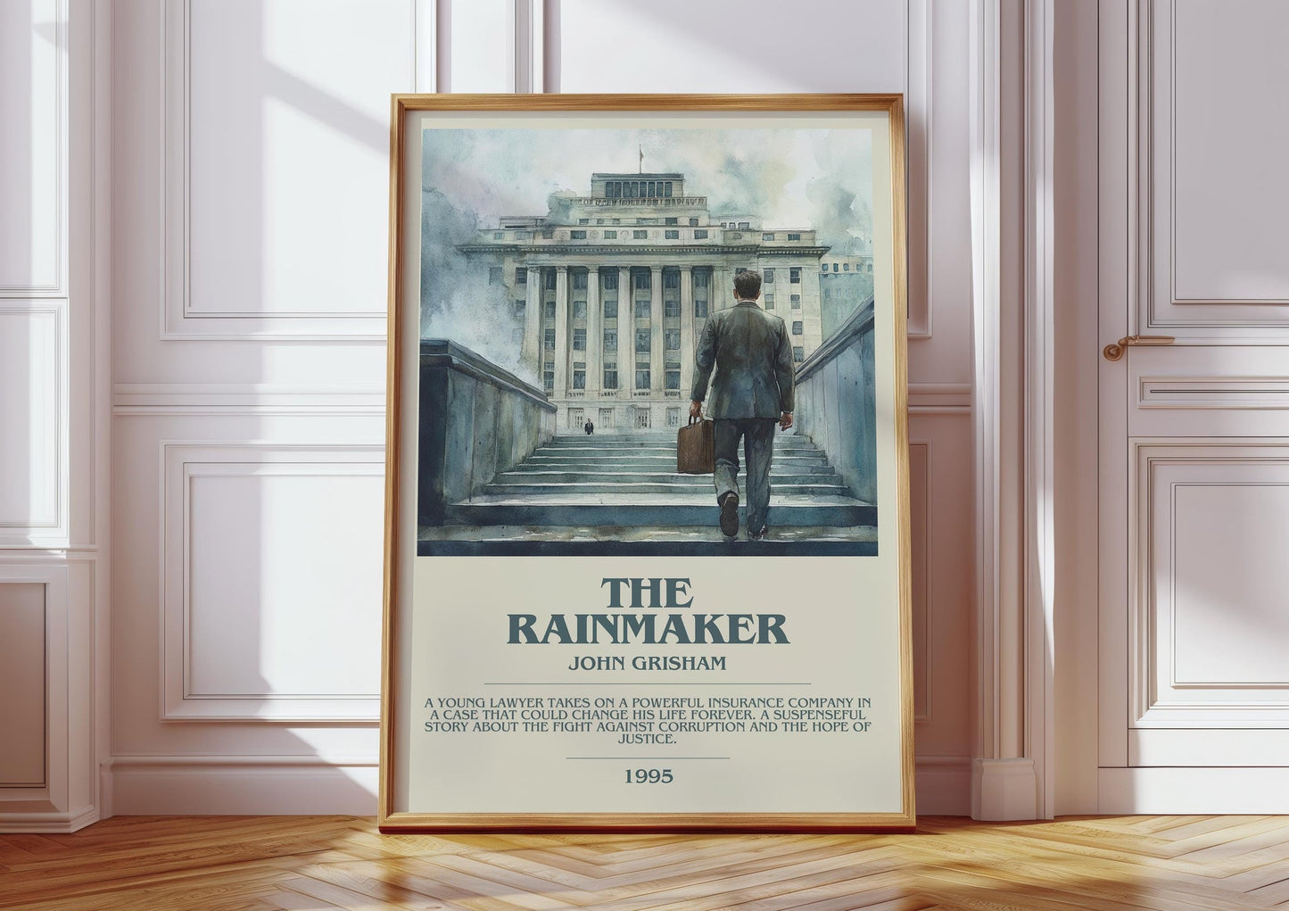The Rainmaker bookish print in frame leaning in hallway – thriller wall art