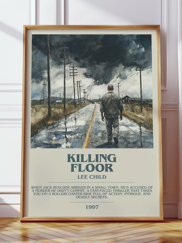 Killing Floor bookish print in frame leaning in hallway – thriller wall art