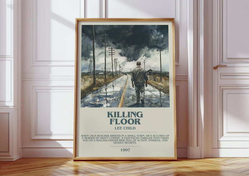 Killing Floor bookish print in frame leaning in hallway – thriller wall art