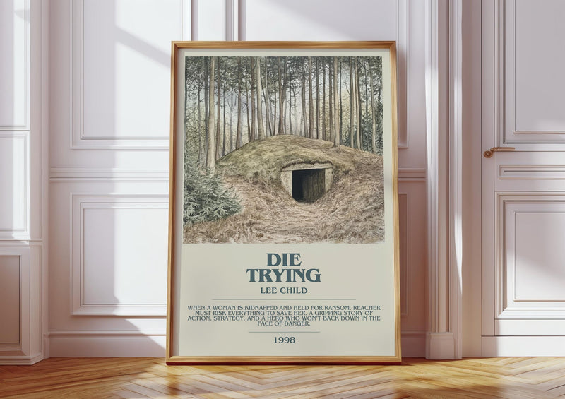 Die Trying bookish print in frame leaning in hallway – thriller wall art