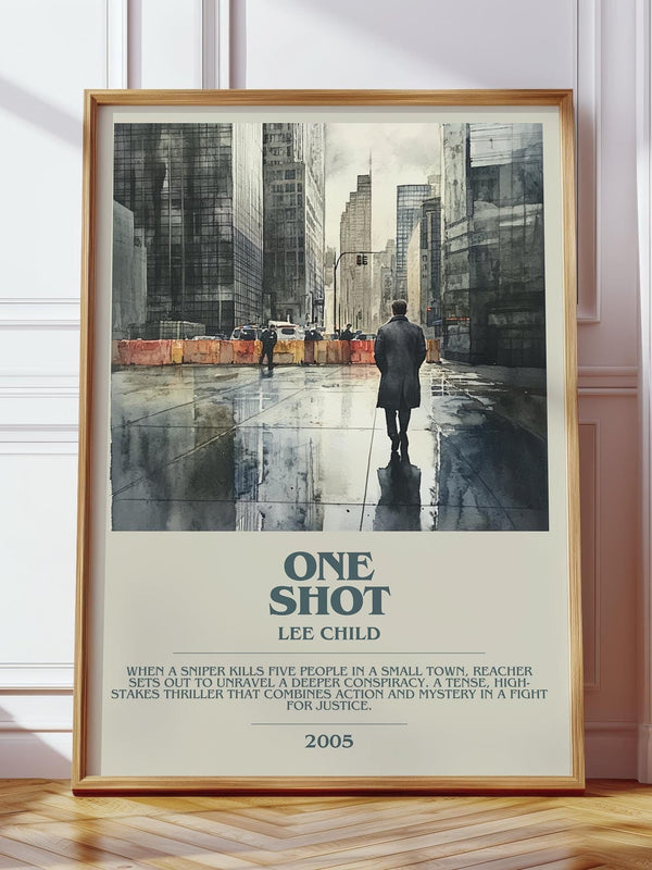 One Shot bookish print in frame leaning in hallway – thriller wall art
