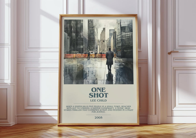One Shot bookish print in frame leaning in hallway – thriller wall art