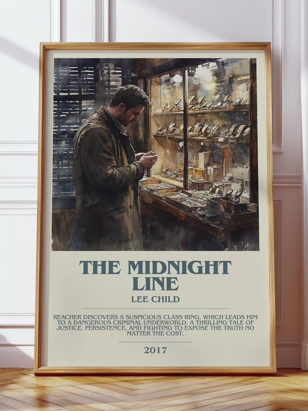The Midnight Line bookish print in frame leaning in hallway – thriller wall art