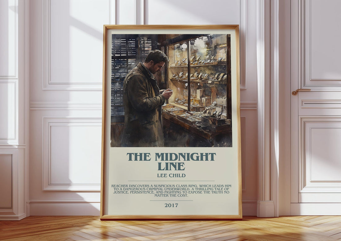 The Midnight Line bookish print in frame leaning in hallway – thriller wall art (mockup)