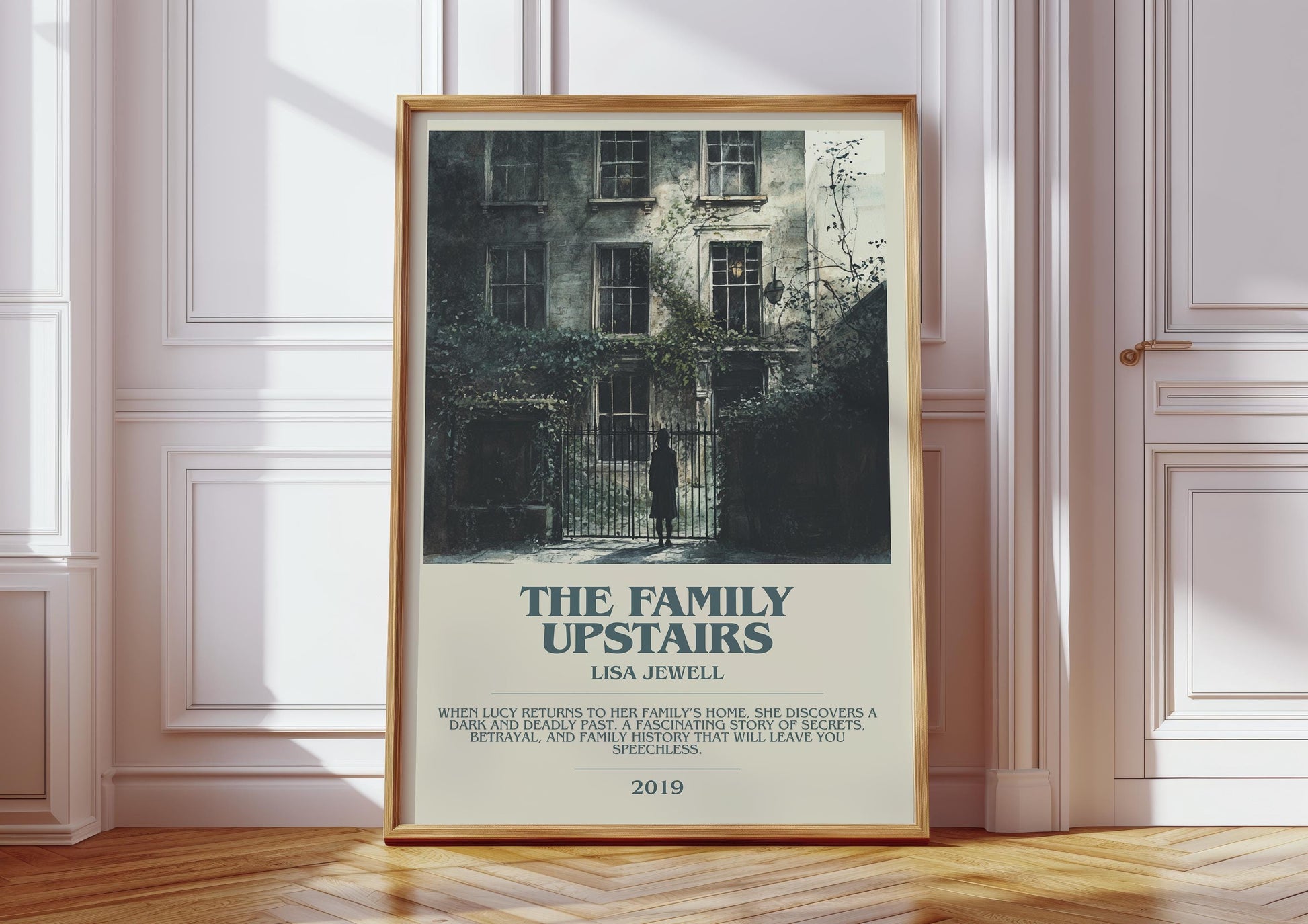 The Family Upstairs bookish print in frame leaning in hallway – thriller wall art