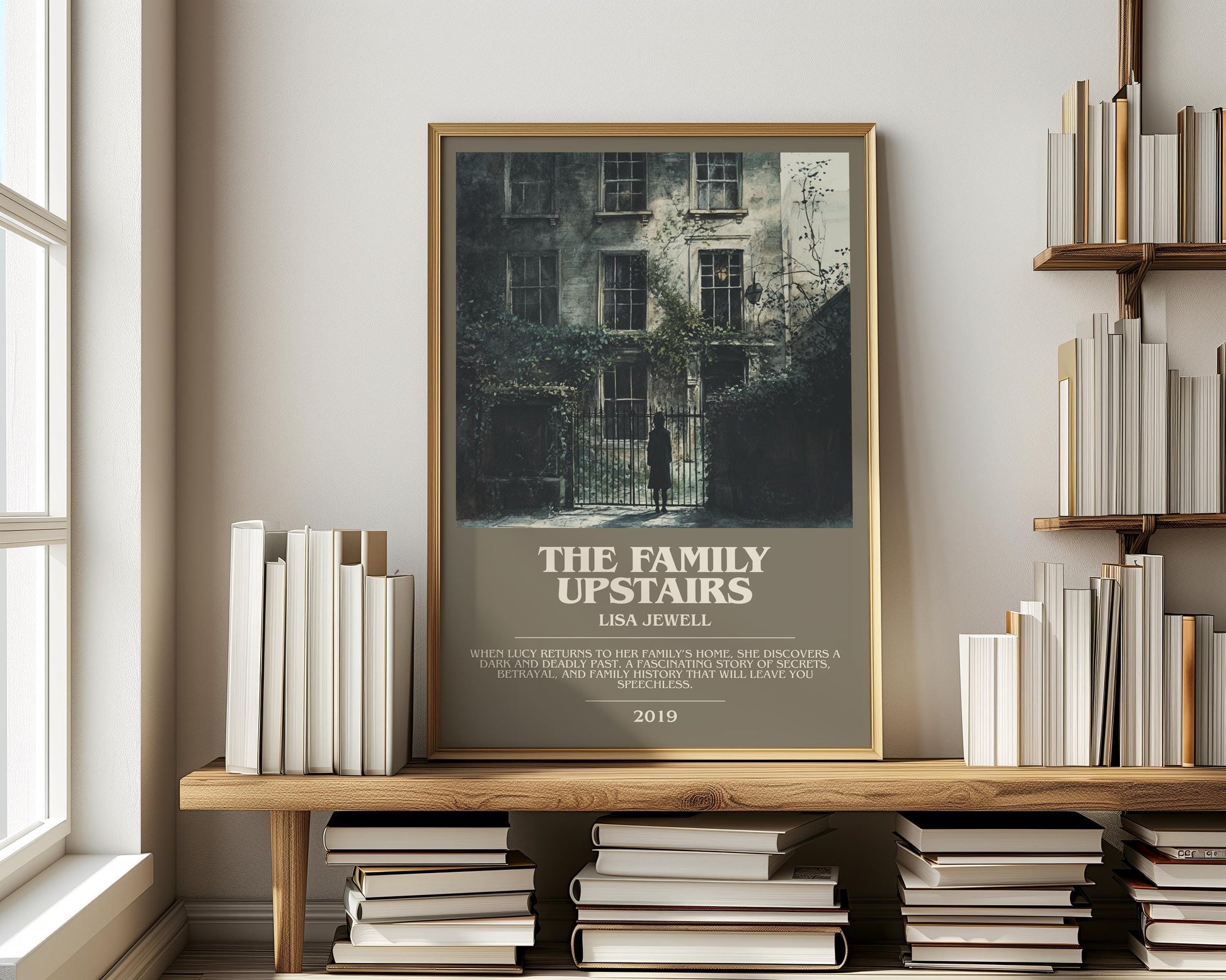 The Family Upstairs bookish print on bookshelf – Lisa Jewell fan gift
