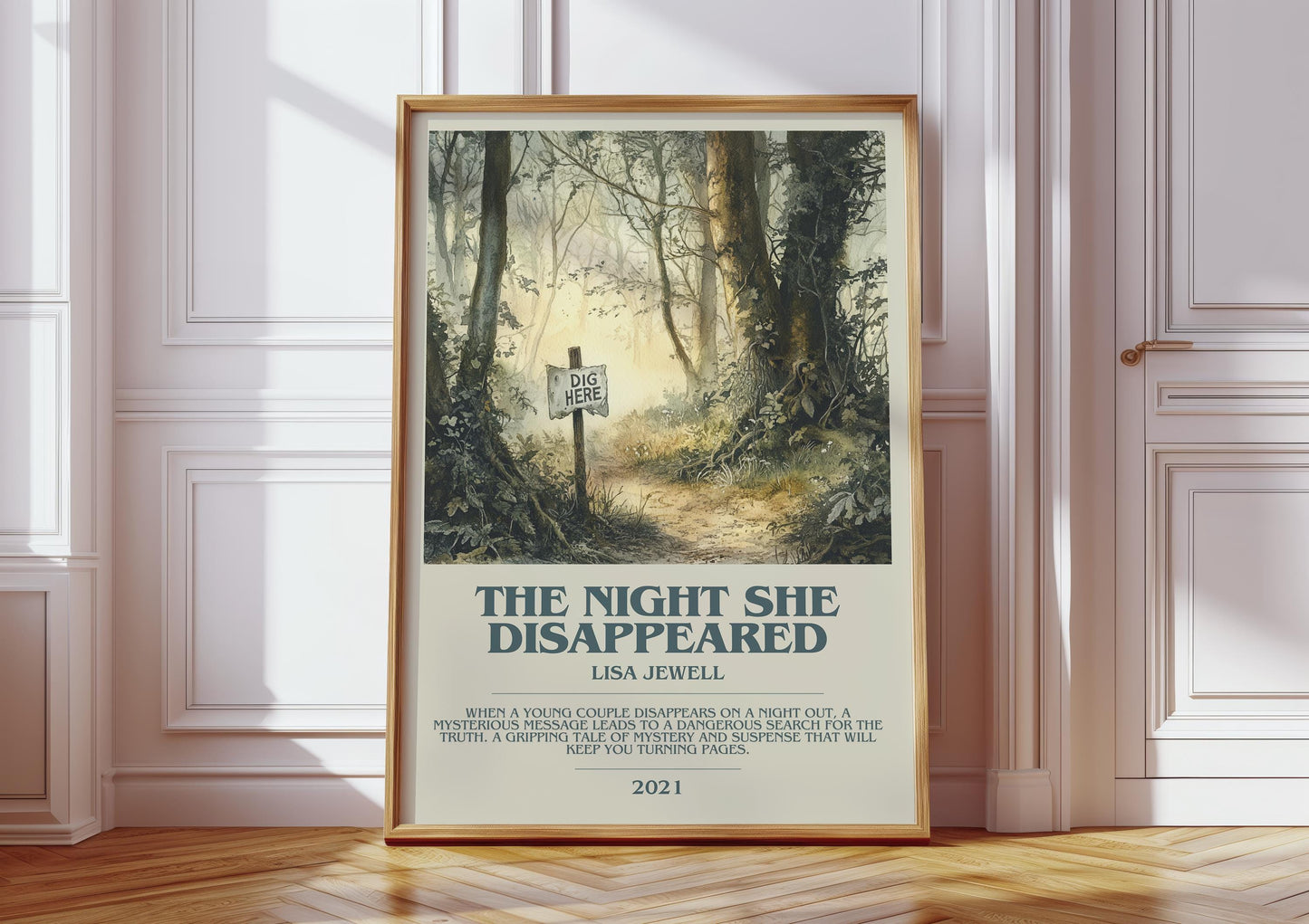 The Night She Disappeared bookish print in frame leaning in hallway – thriller wall art