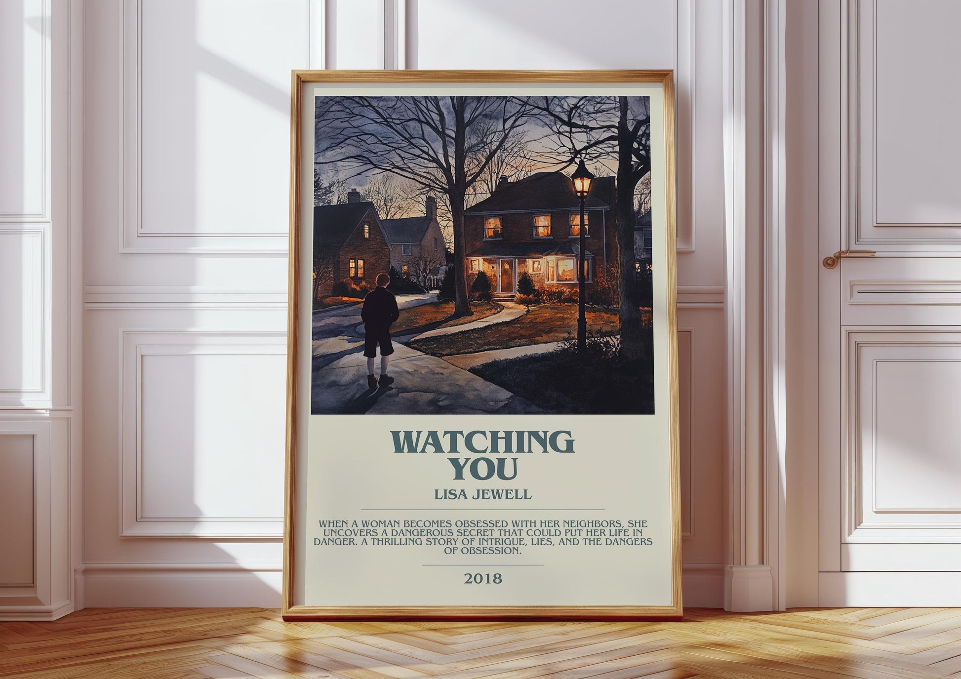 Watching You bookish print in frame leaning in hallway – thriller wall art